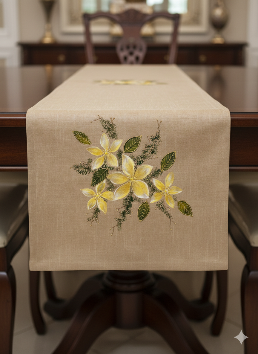 Beige Yellow Flowers- Design Hand-Painted Table Runner