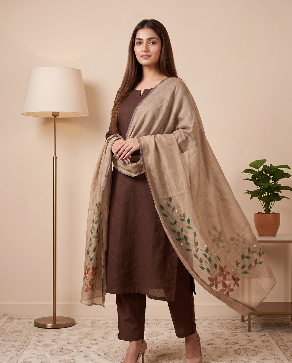 Coffee Bloom Hand-paint kurta set ( Unstitched )