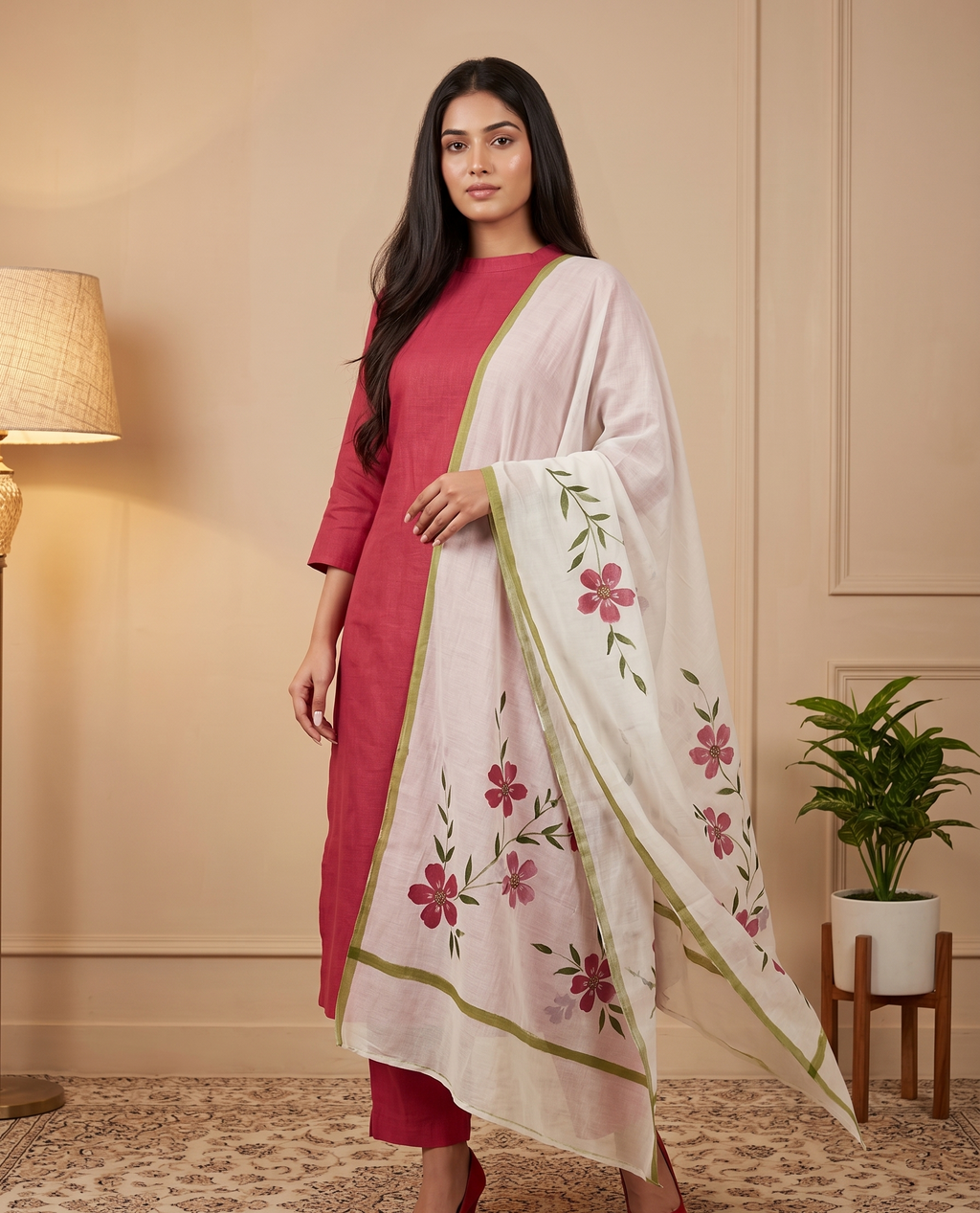 Magenta Pink linen hand painted kurta set ( Unstitched )