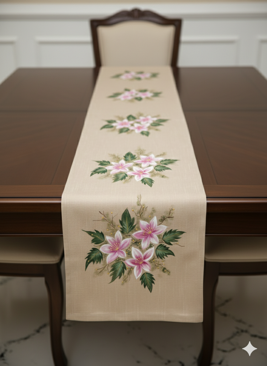 Beige with pink flora Design Hand-Painted Table Runner