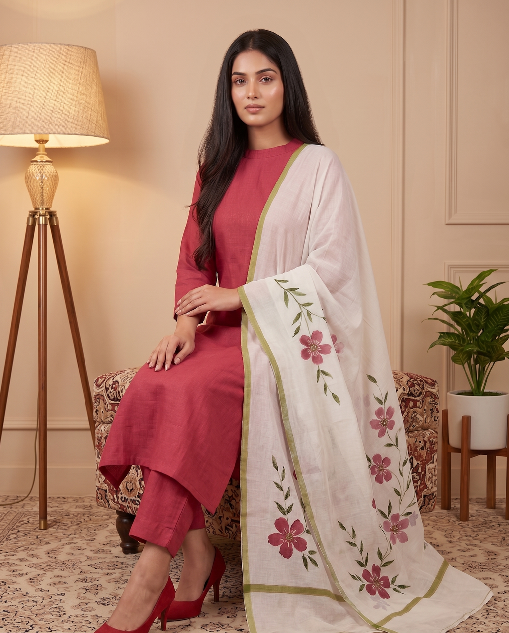 Magenta Pink linen hand painted kurta set ( Unstitched )