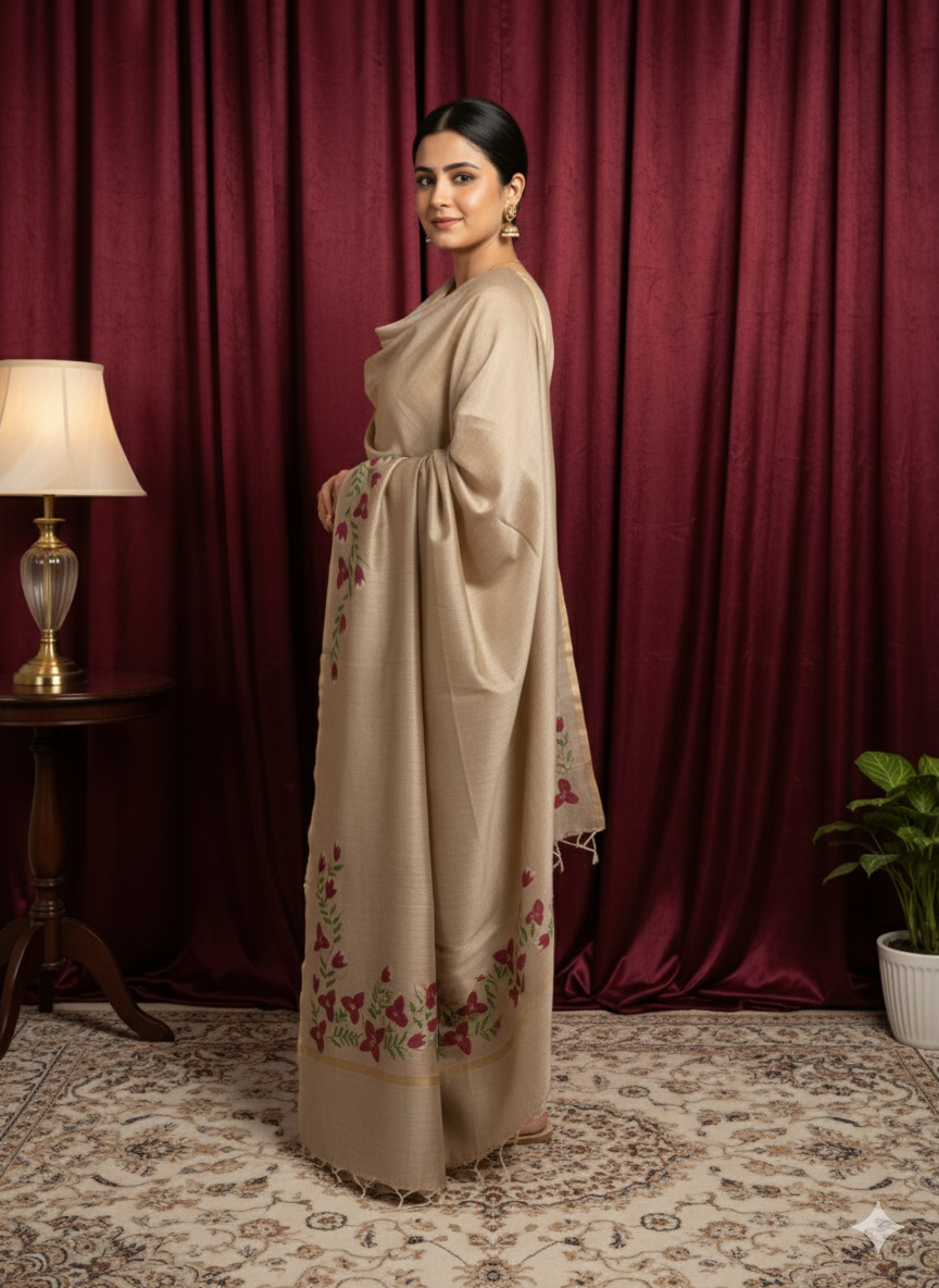 Beige Color with Red Flowers – Chanderi Dupatta (Hand-Painted Design)