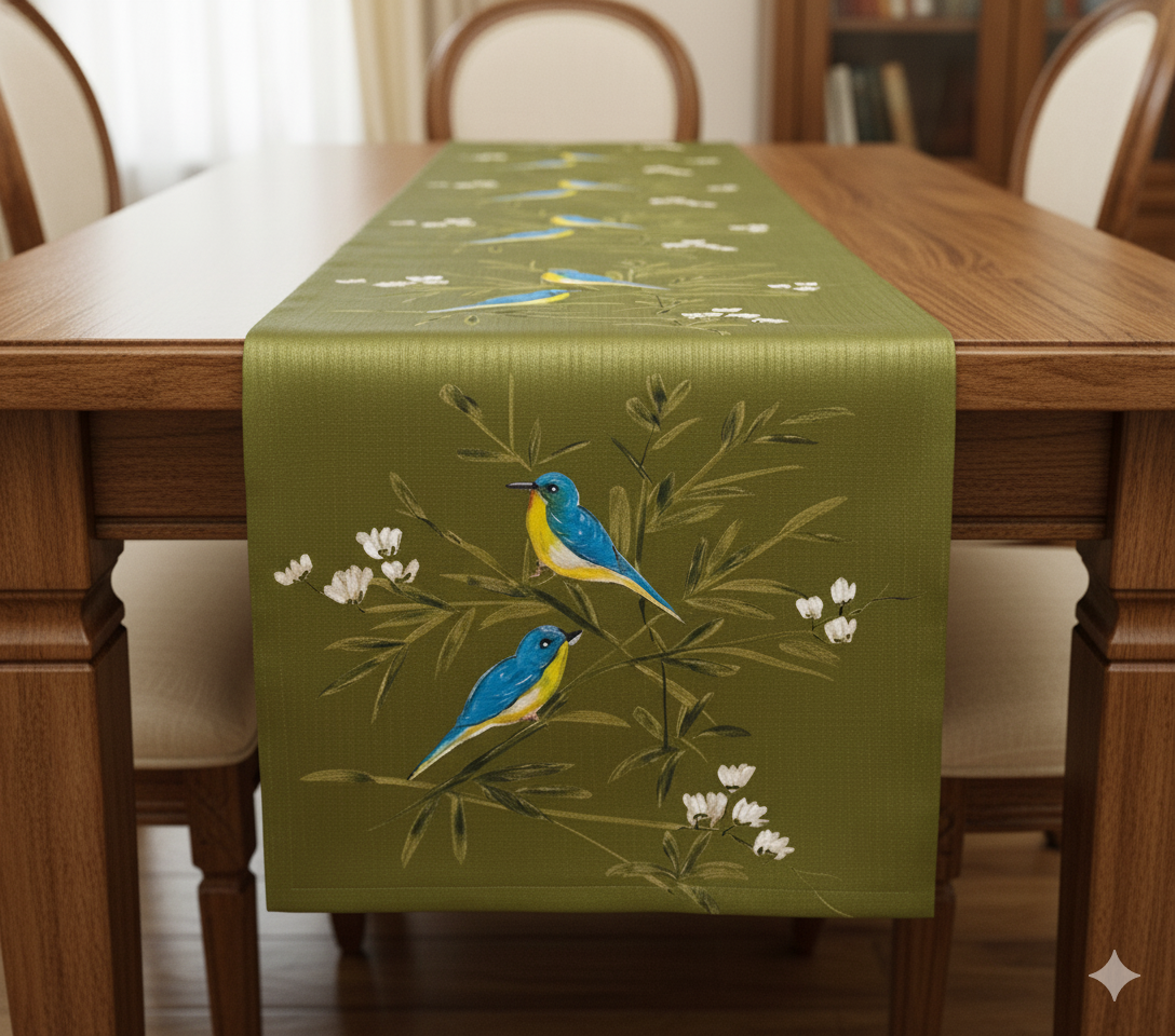 Olive Green Hand-Painted Design Table Runner