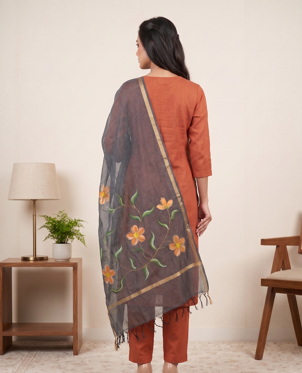 Sunset Flora hand painted kurta set (Unstitched)
