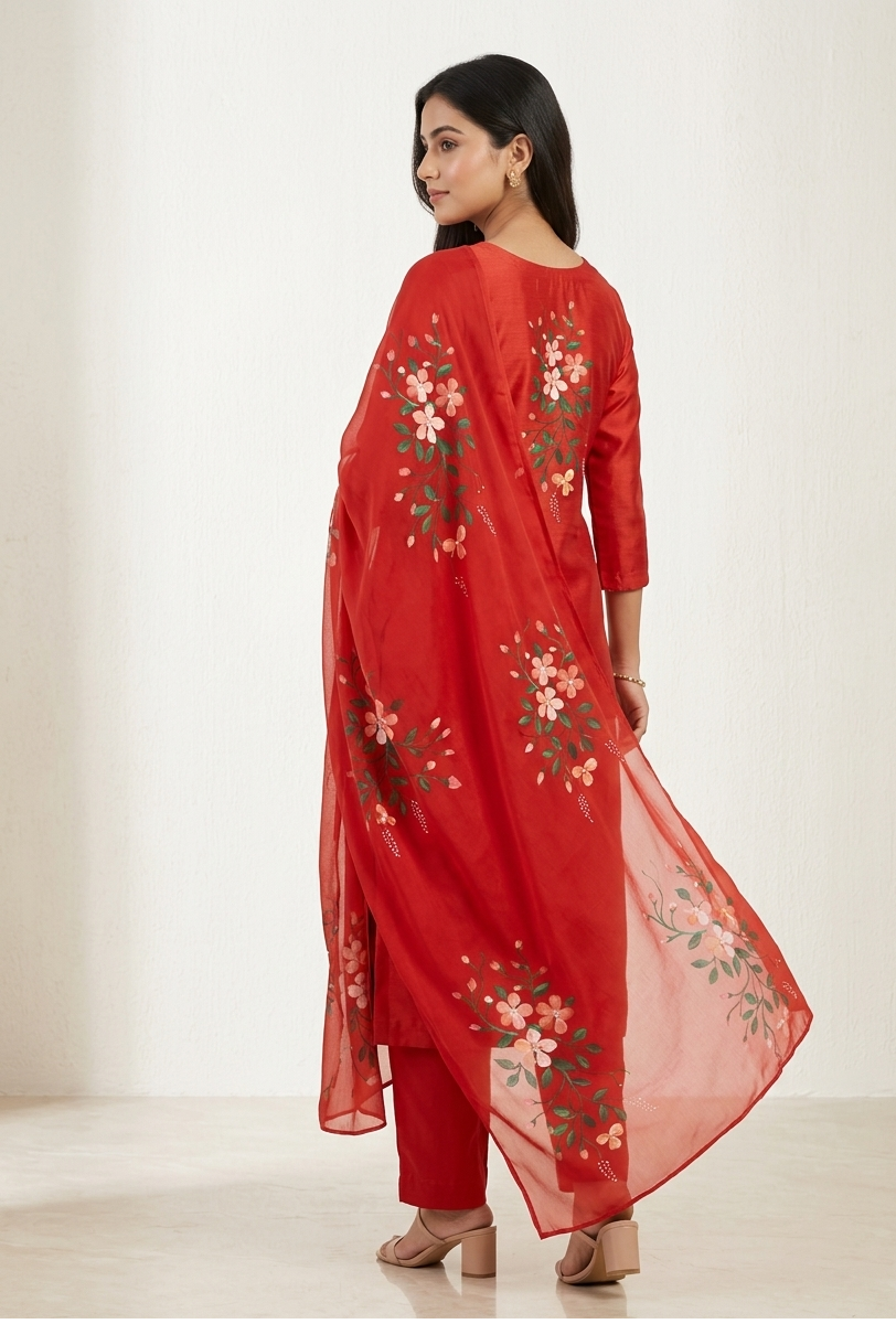 Red Royale Hand-paint kurta set ( Unstitched )