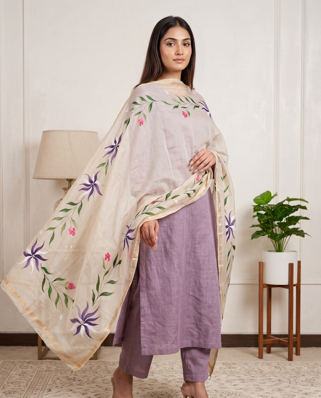 Orchid Whisper Hand-paint kurta set ( Unstitched )