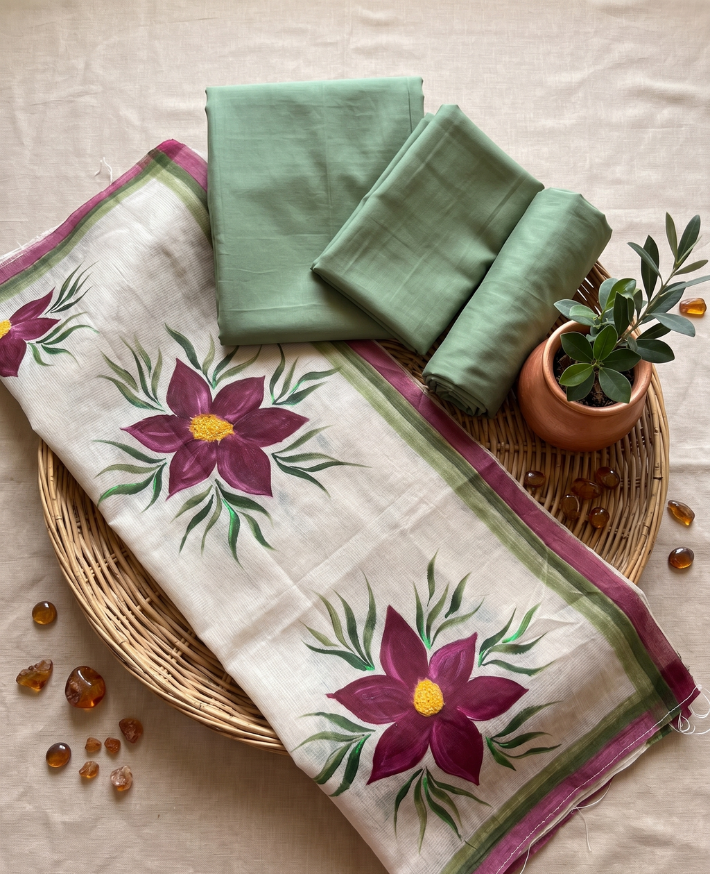 Basil Bloom Hand-paint kurta set (Unstitched)