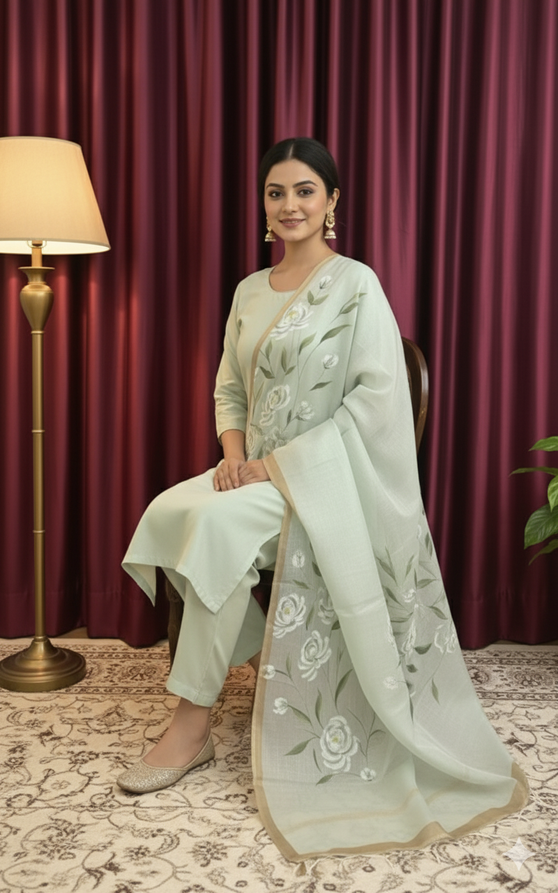 Aqua Green Cotton Chanderi Dupatta – Hand-Painted Flora Design