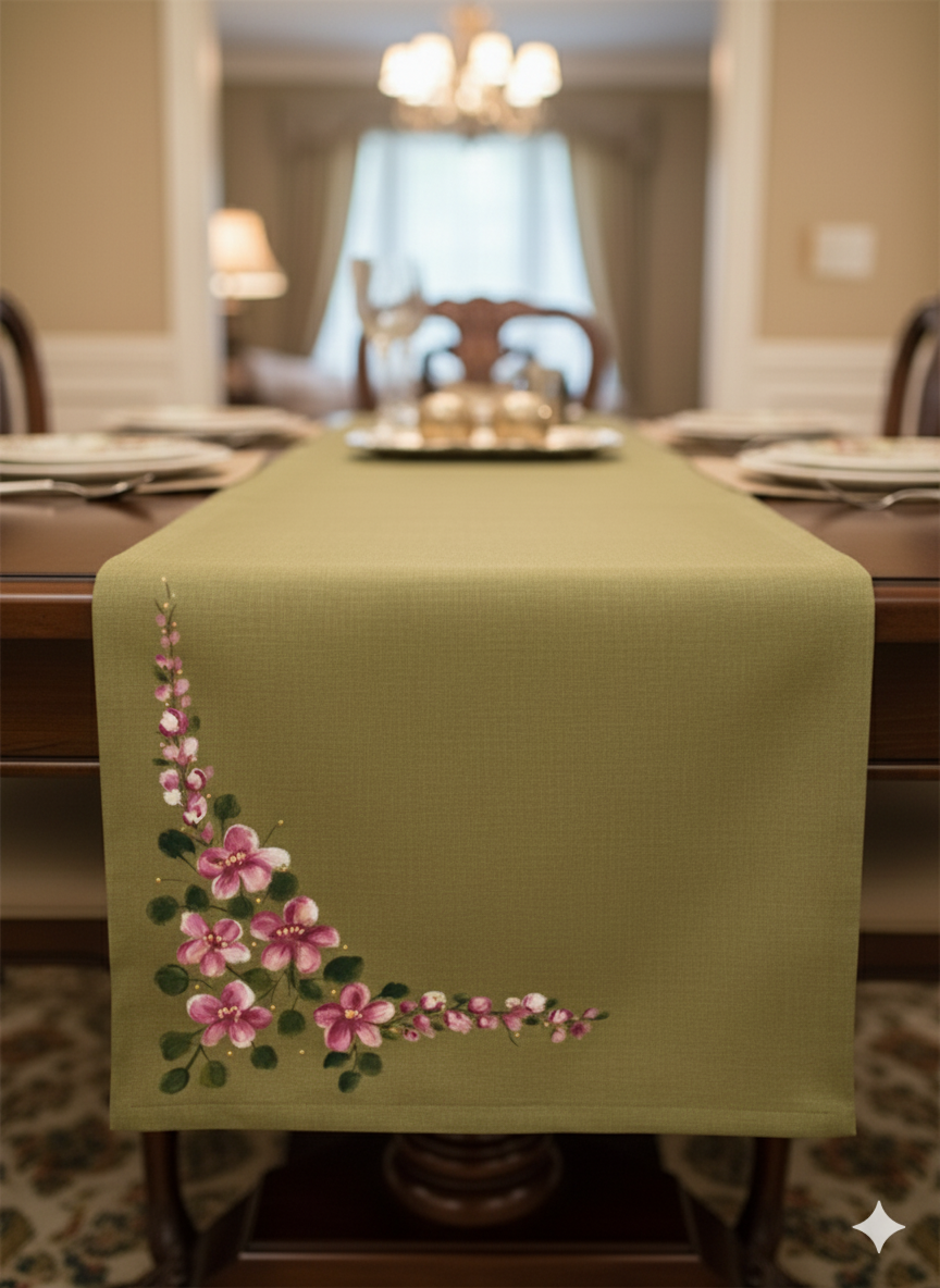 Olive Green Hand-Painted Design Table Runner