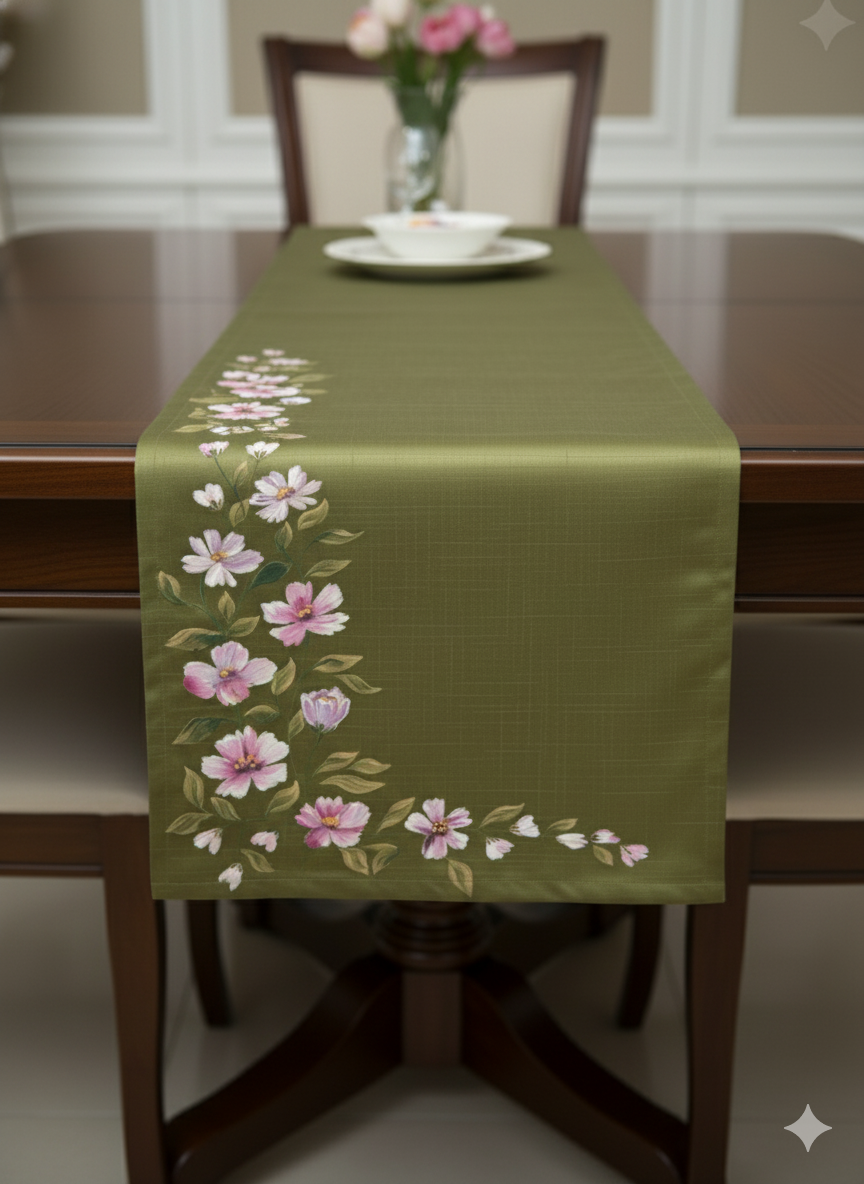 Olive Green Hand-Painted Design Table Runner