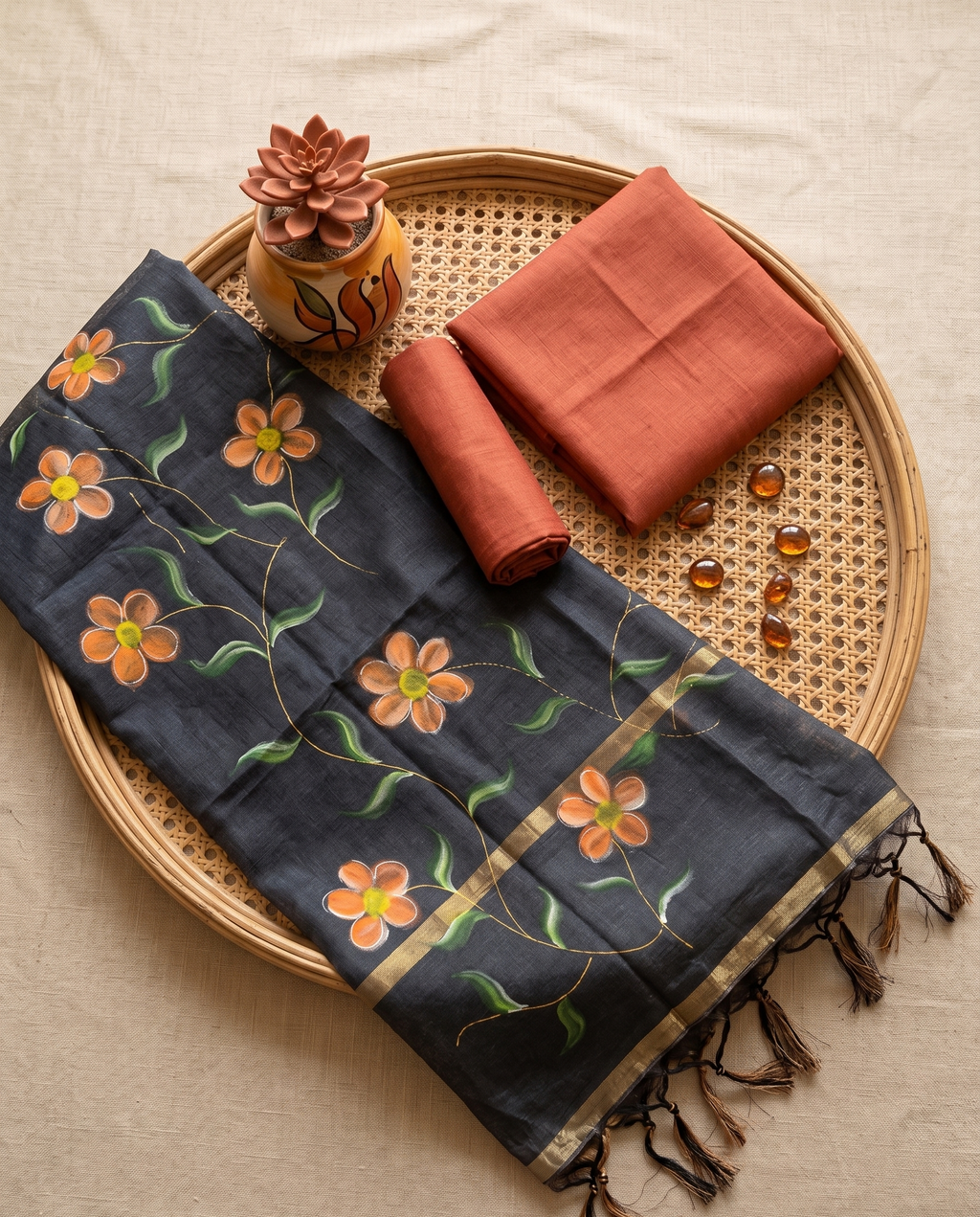 Sunset Flora hand painted kurta set (Unstitched)
