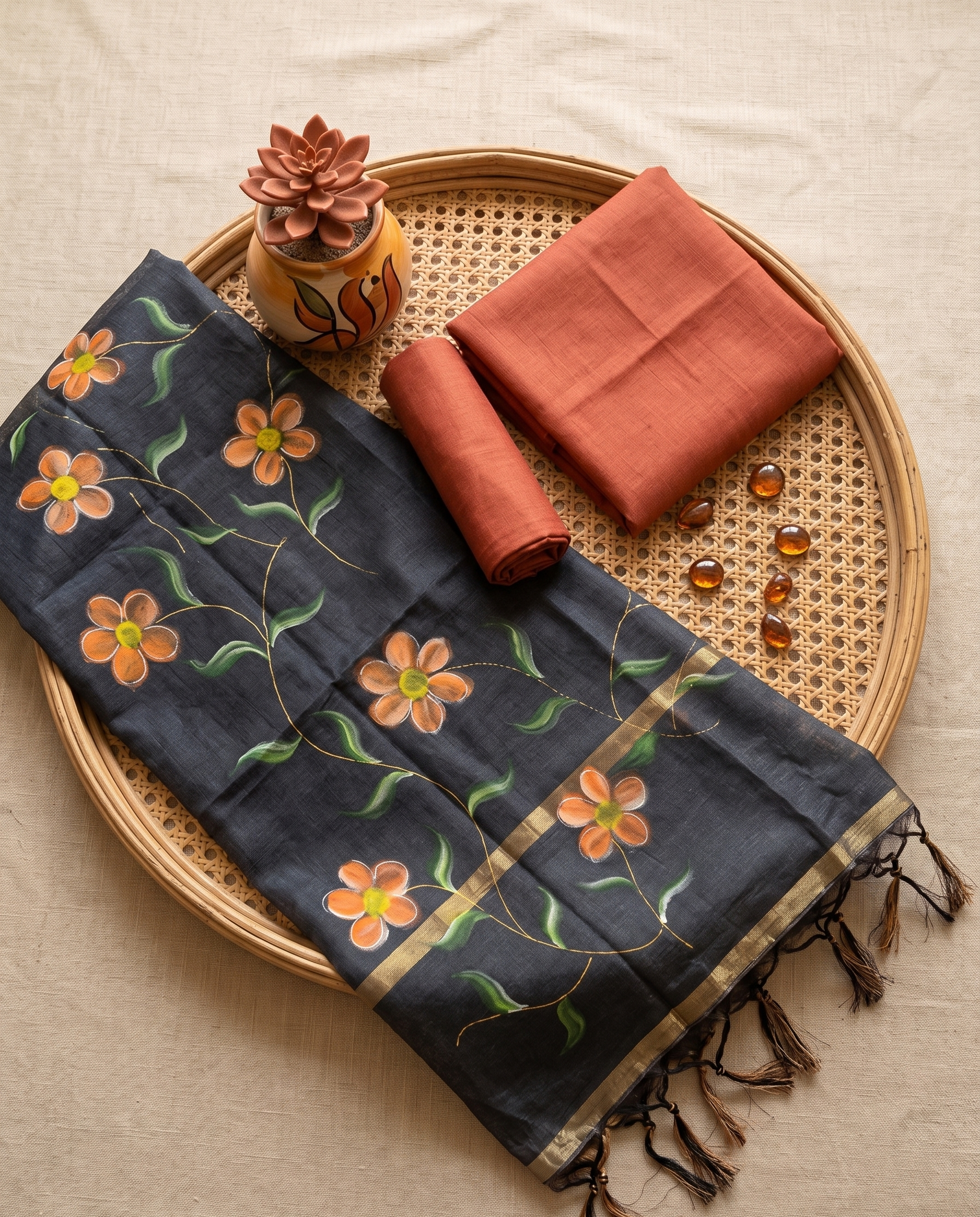Sunset Flora hand painted kurta set (Unstitched)
