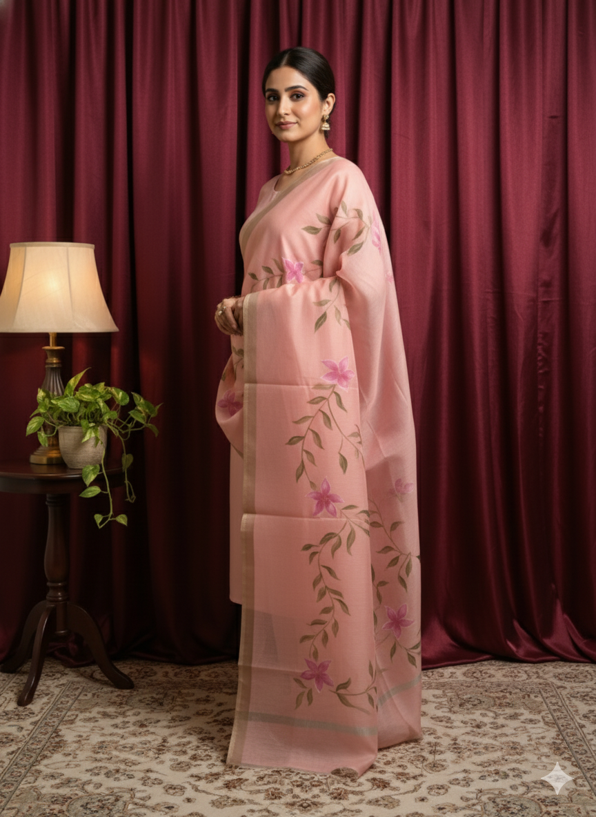 Peach color with Green Floral Chanderi Cotton Hand-Print Dupatta