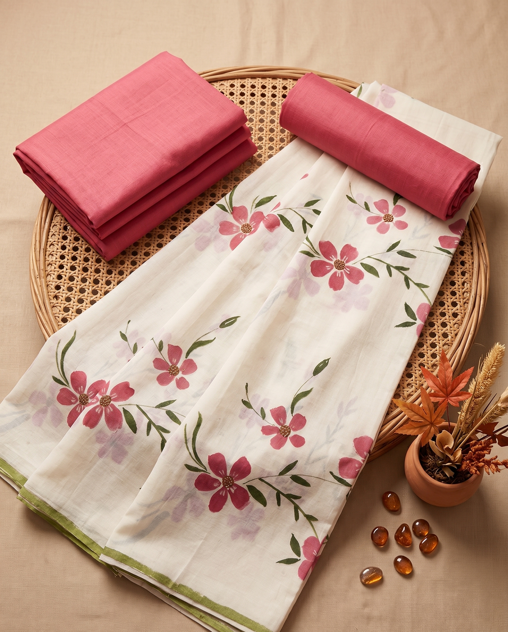 Magenta Pink linen hand painted kurta set ( Unstitched )