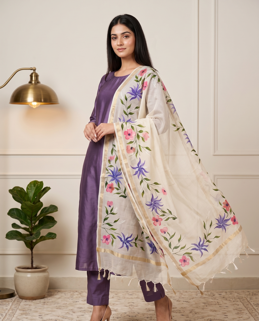 Noor Lavender Hand-paint kurta set ( Unstitched )