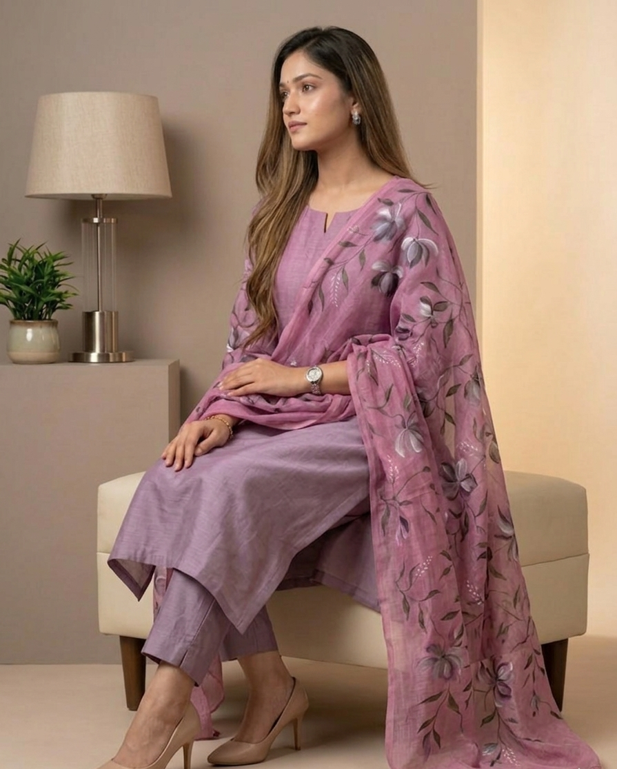 Berry Orchid Mist Hand-paint kurta set ( Unstitched )