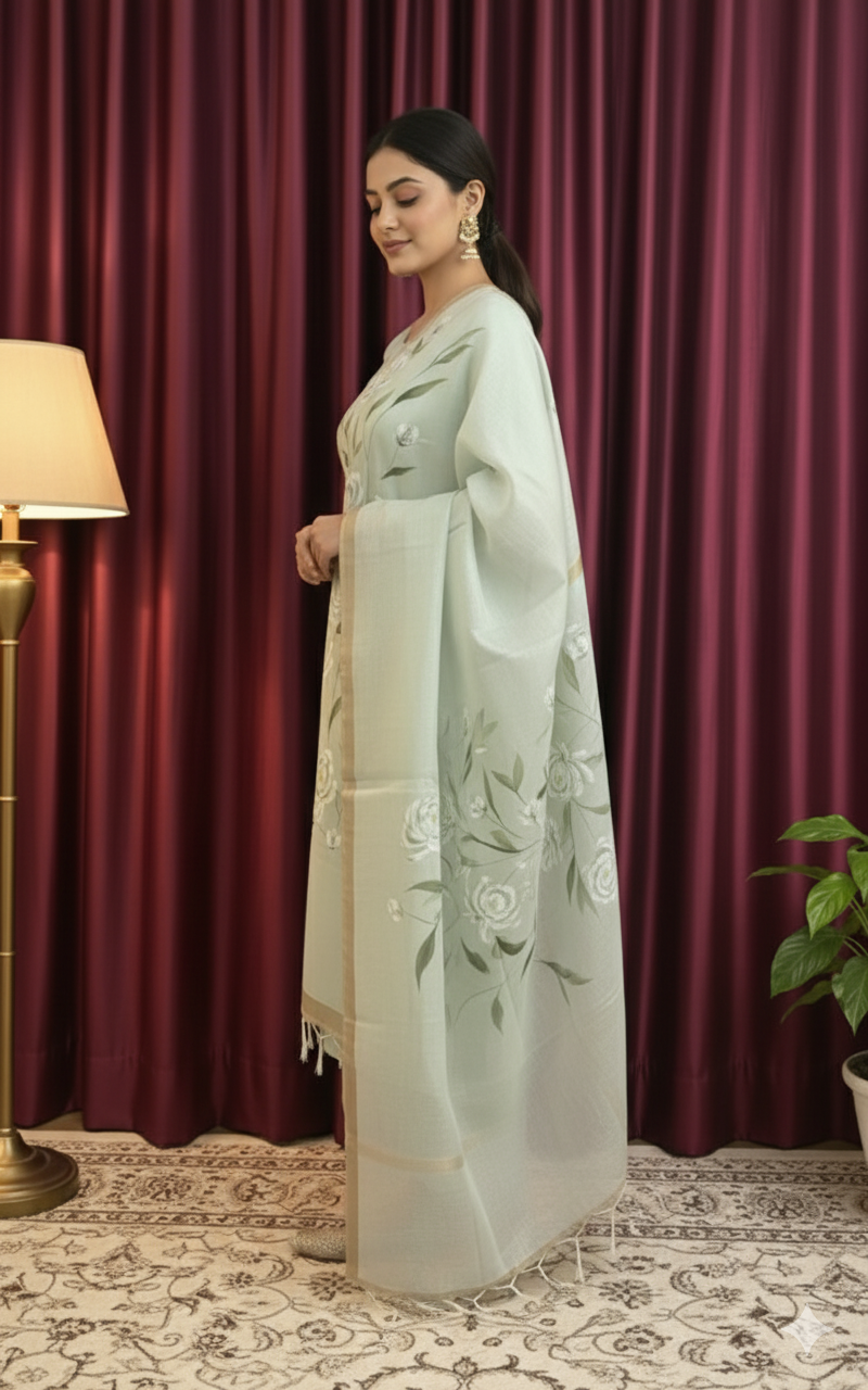 Aqua Green Cotton Chanderi Dupatta – Hand-Painted Flora Design