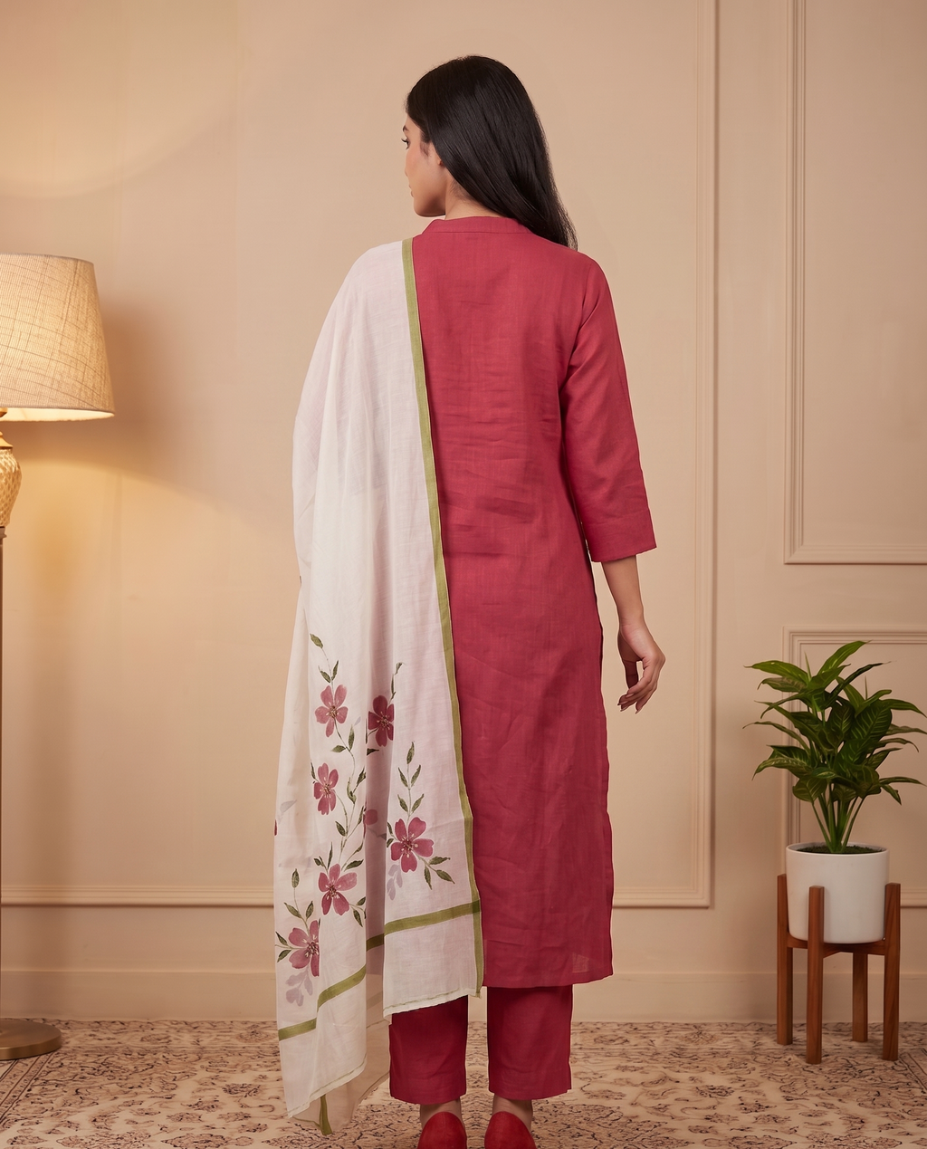 Magenta Pink linen hand painted kurta set ( Unstitched )
