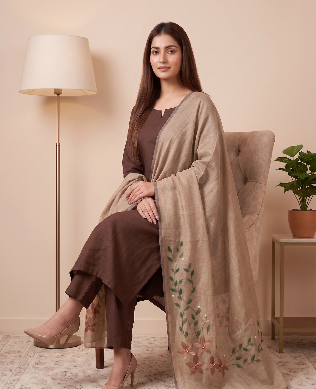 Coffee Bloom Hand-paint kurta set ( Unstitched )