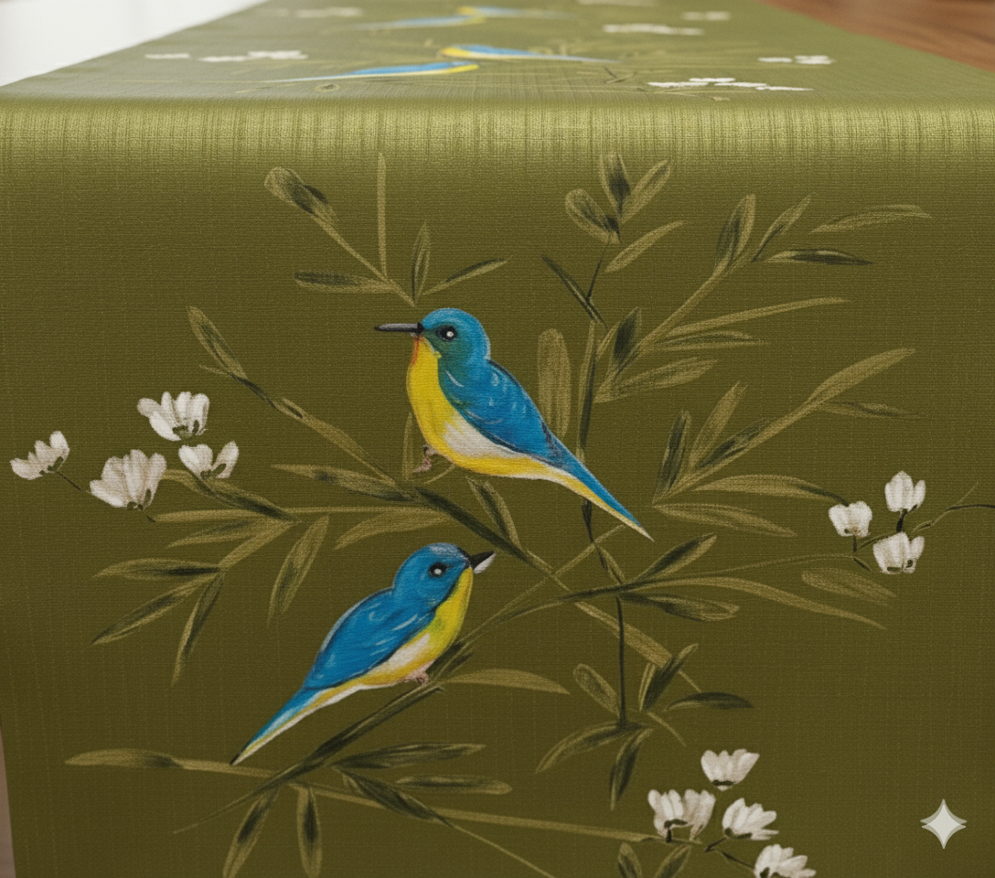 Olive Green Hand-Painted Design Table Runner