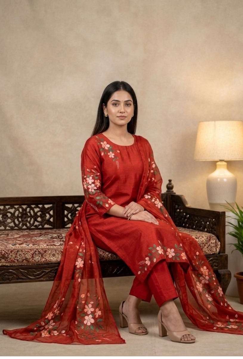 Red Royale Hand-paint kurta set ( Unstitched )