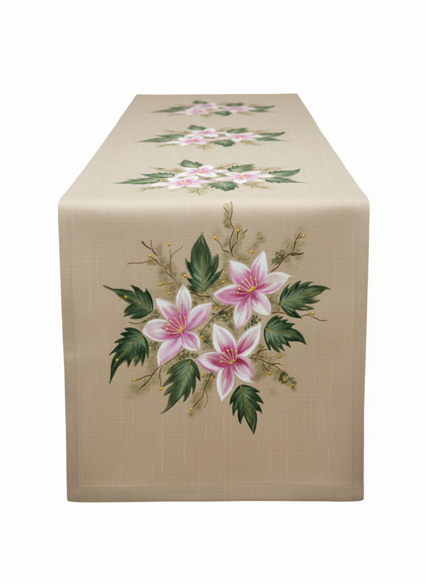 Beige with pink flora Design Hand-Painted Table Runner