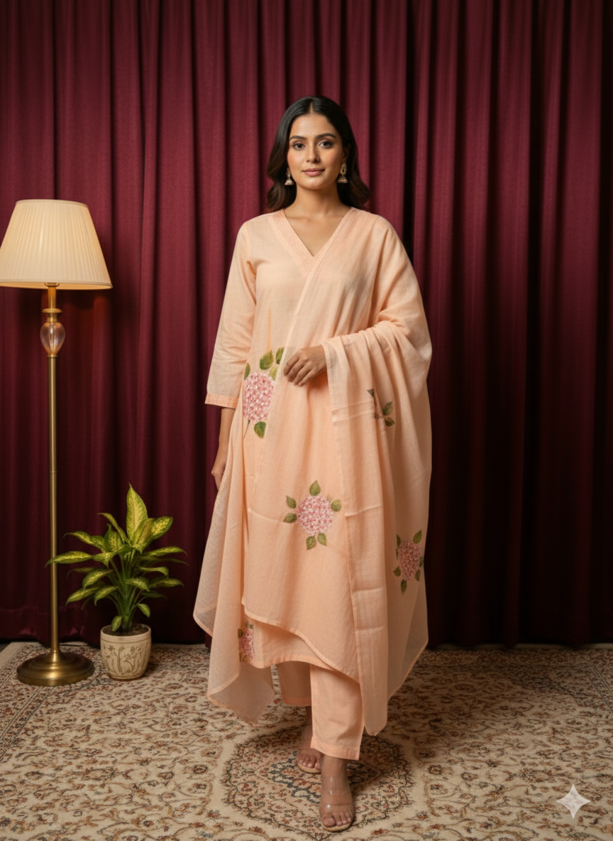 Peach Blossom Hand-Painted Cotton Kurta