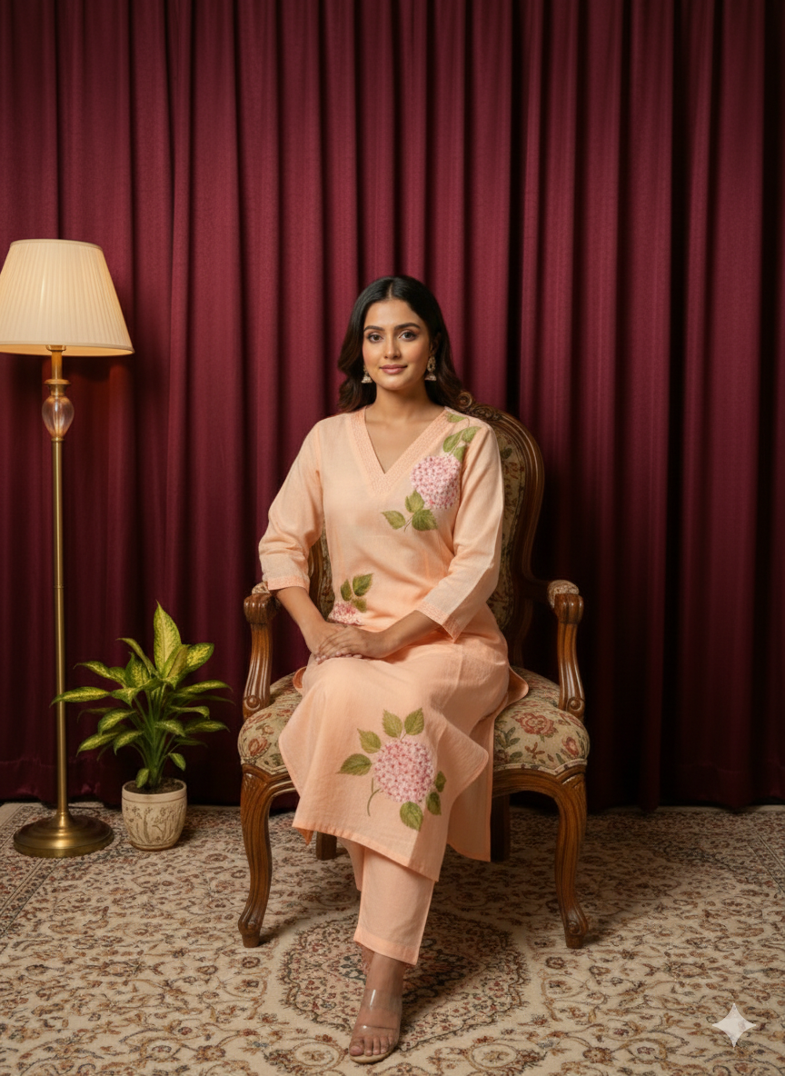 Peach Blossom Hand-Painted Cotton Kurta