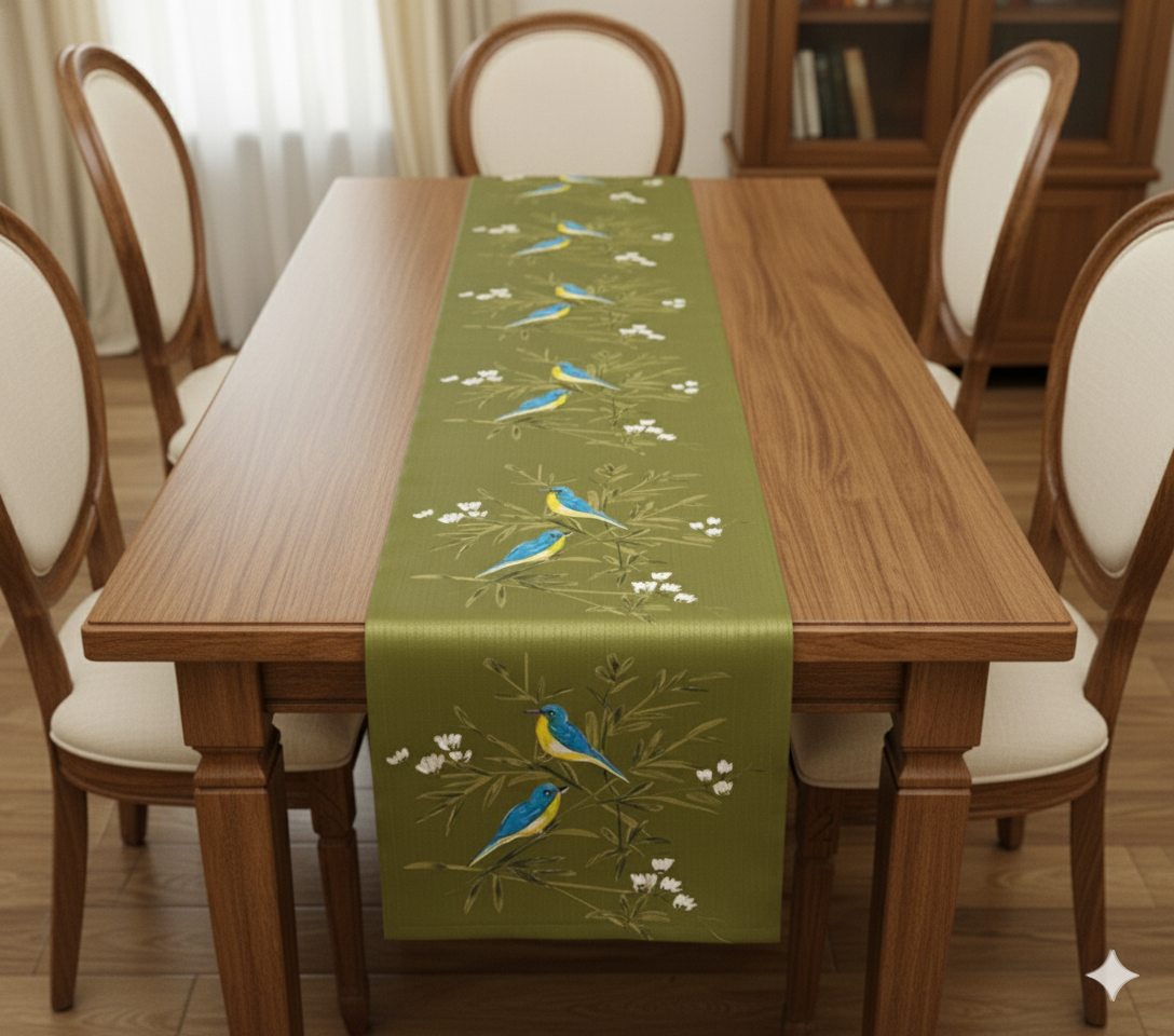 Olive Green Hand-Painted Design Table Runner