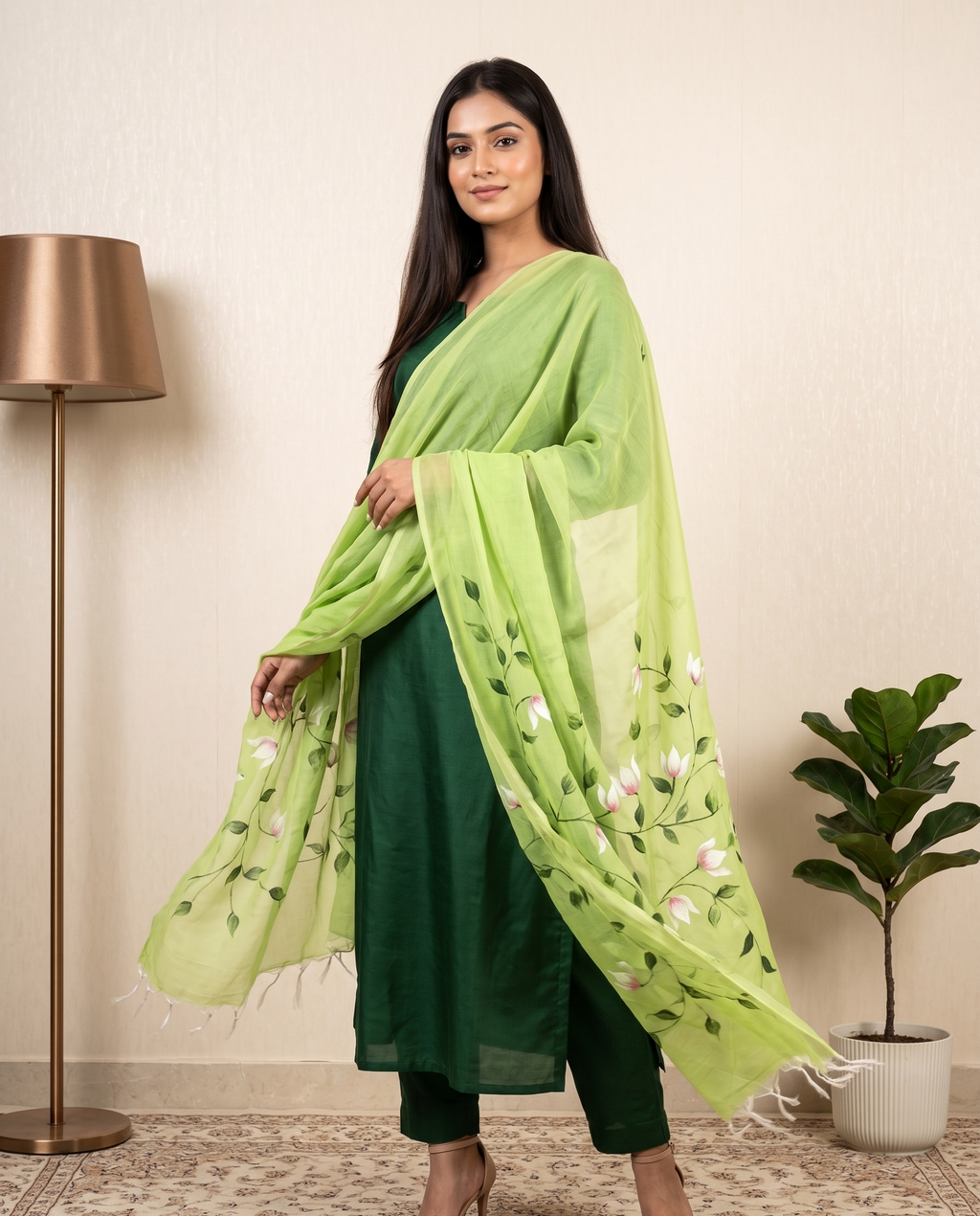 Mint Petals Hand-paint kurta set (Unstitched)