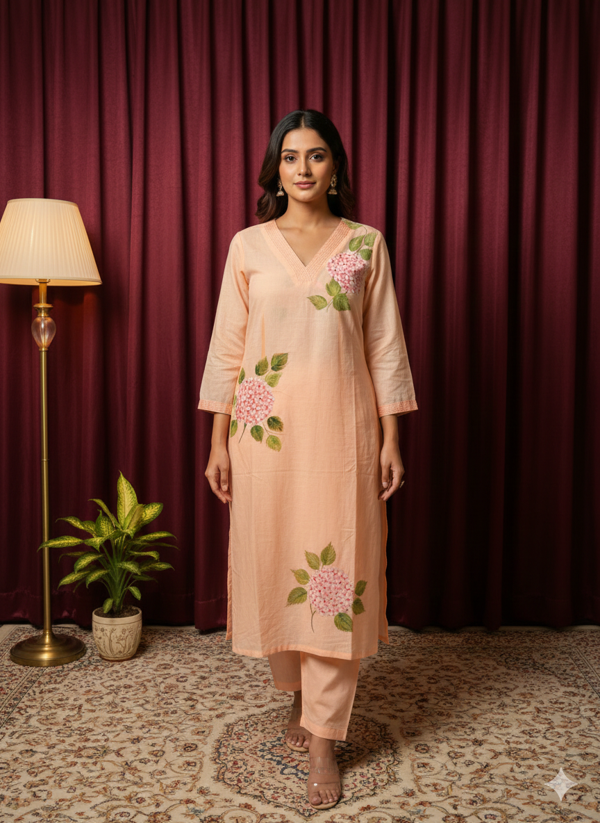 Peach Blossom Hand-Painted Cotton Kurta