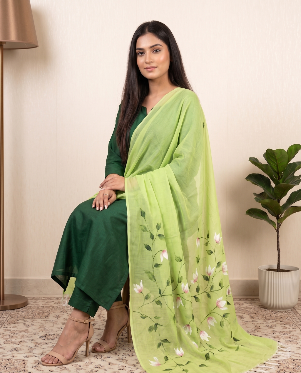 Mint Petals Hand-paint kurta set (Unstitched)