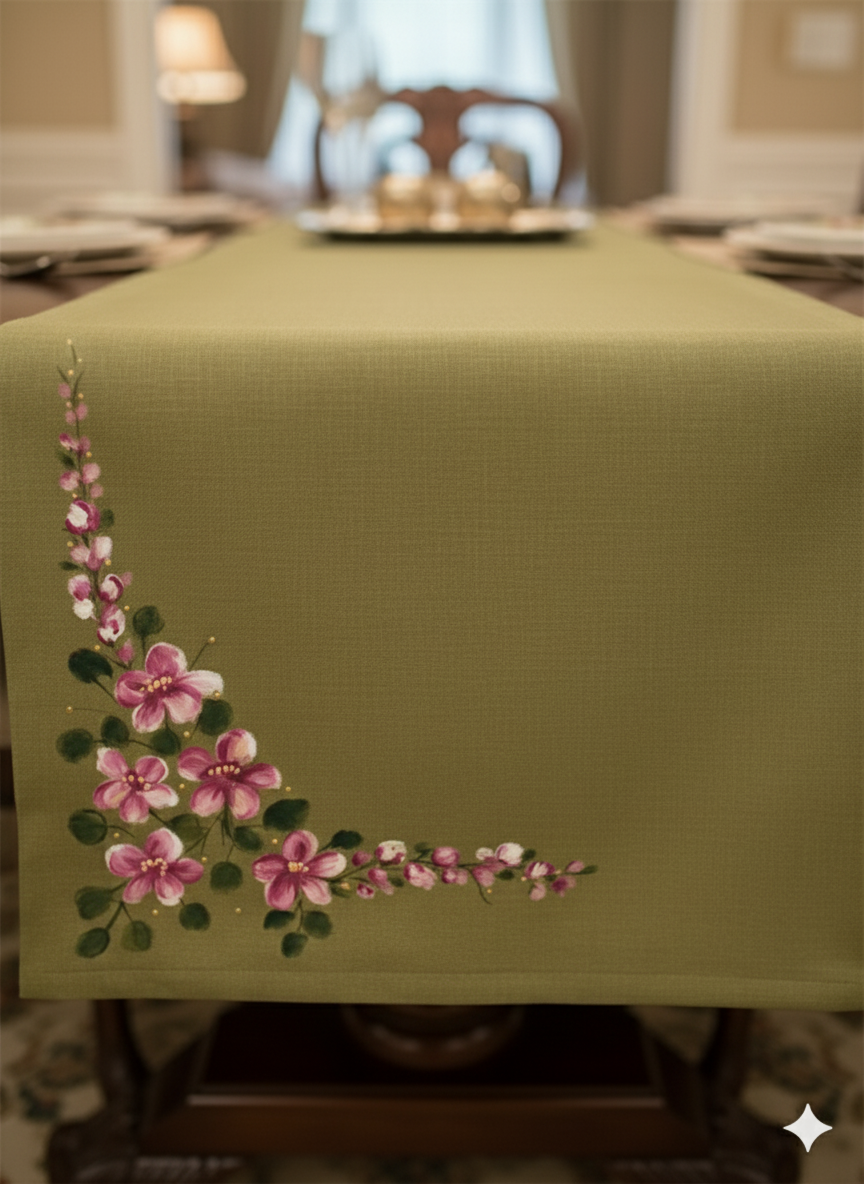 Olive Green Hand-Painted Design Table Runner
