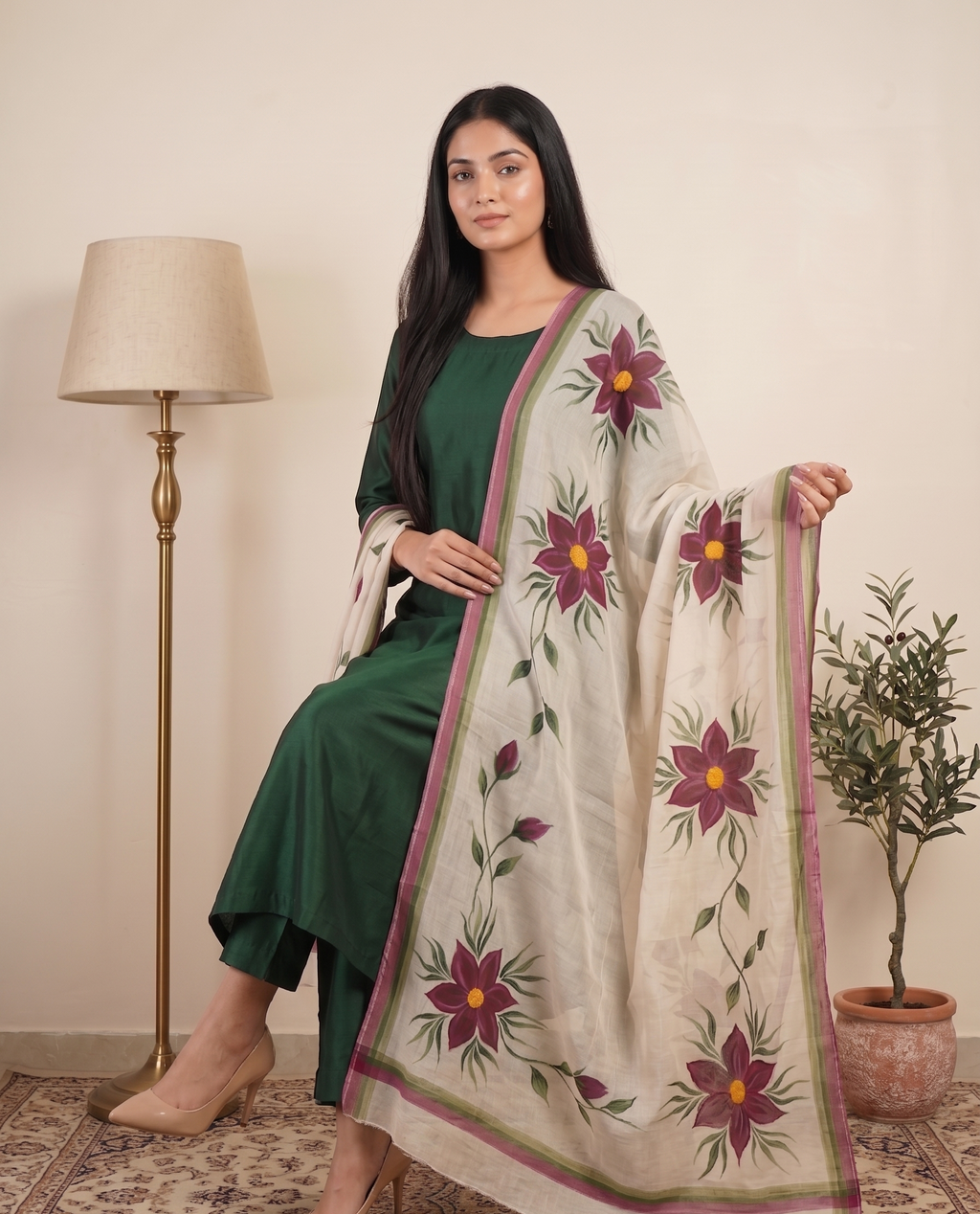 Basil Bloom Hand-paint kurta set (Unstitched)