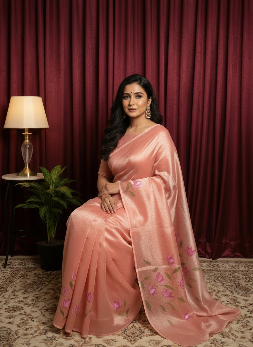 Cotton Tissue Rose Pink Saree with Floral Hand-Paint Design