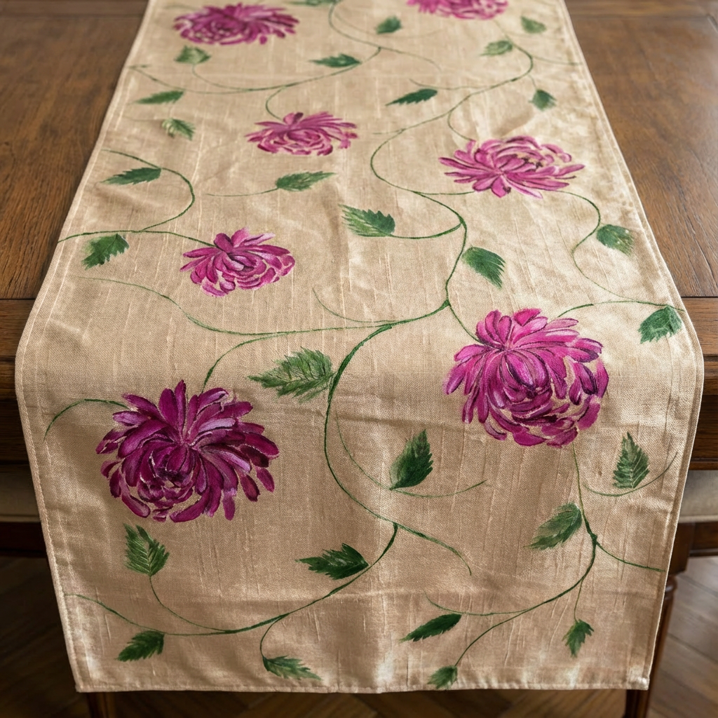 Pure Bliss Beige Table Runner – Pink Flower Hand-Painted Art