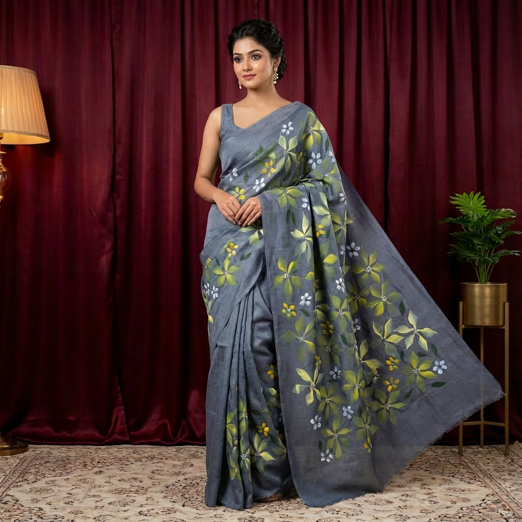 Banana Silk Gray Saree with Hand-Printed Design