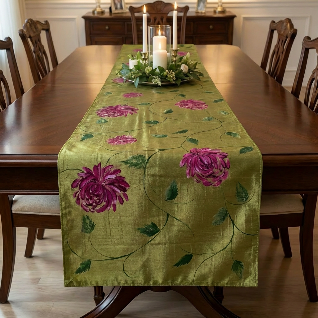 Olive Green Hand-Painted Design Table Runner