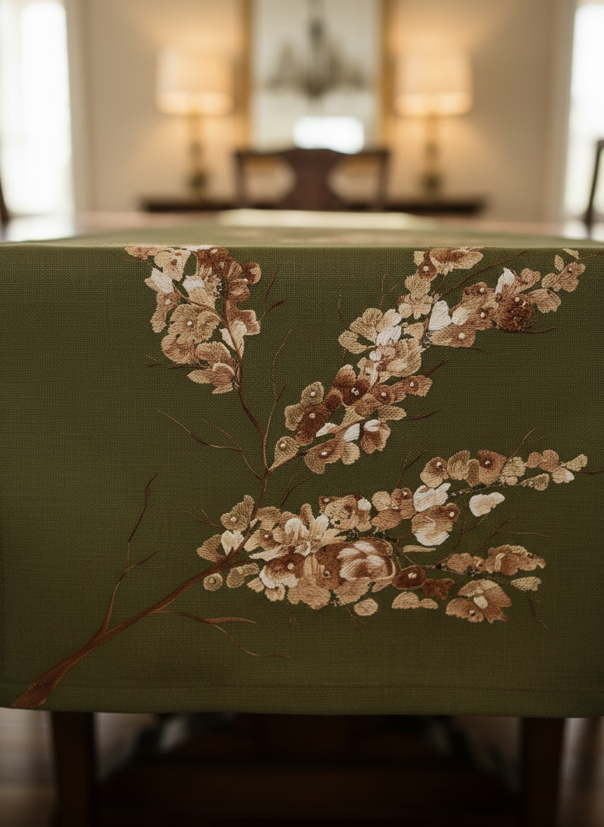 Olive Green Hand-Painted Design Table Runner