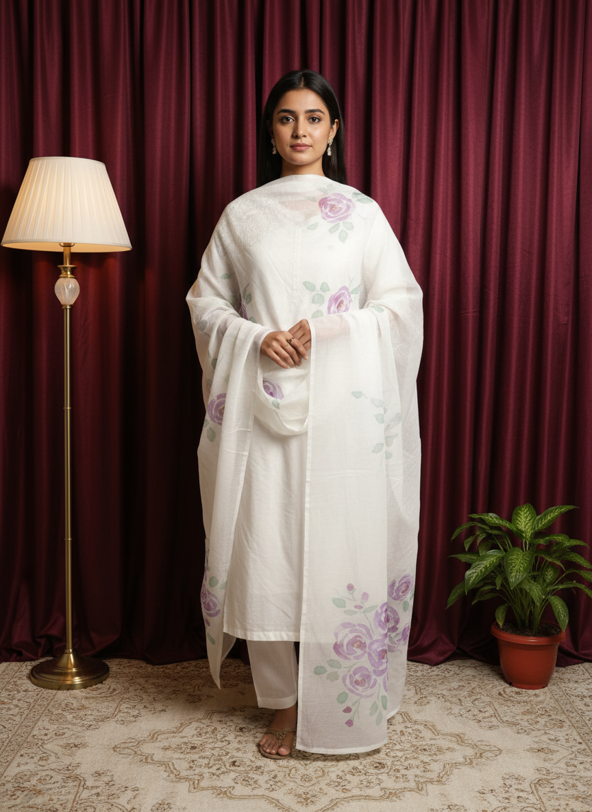 White Grace Hand-Painted Cotton Dupatta