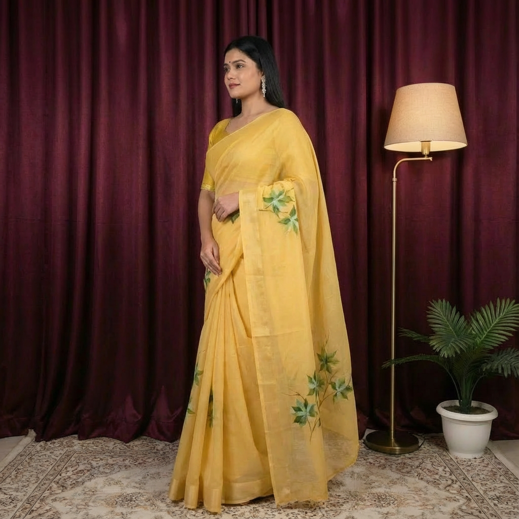 Georgette - Yellow with Green flowers Saree