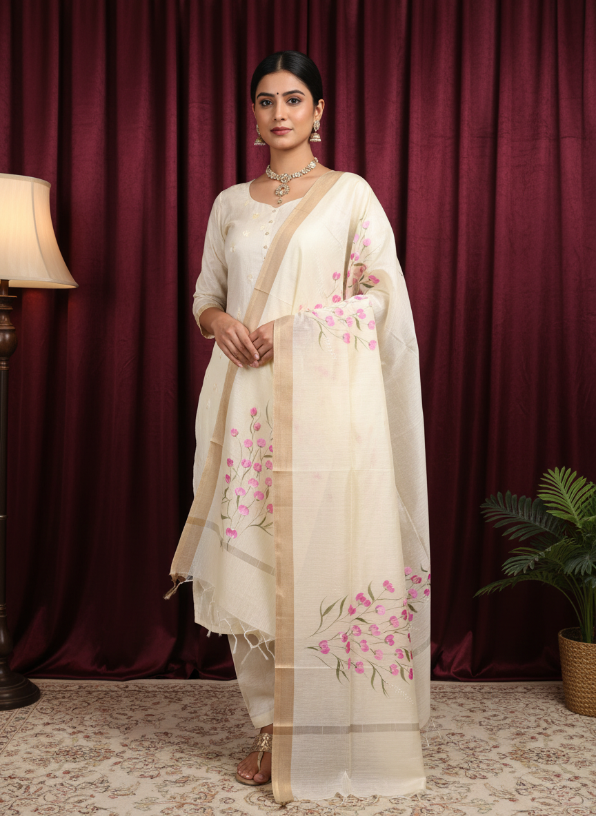 Orange Bloom Hand-Painted Cotton Chanderi Dupatta