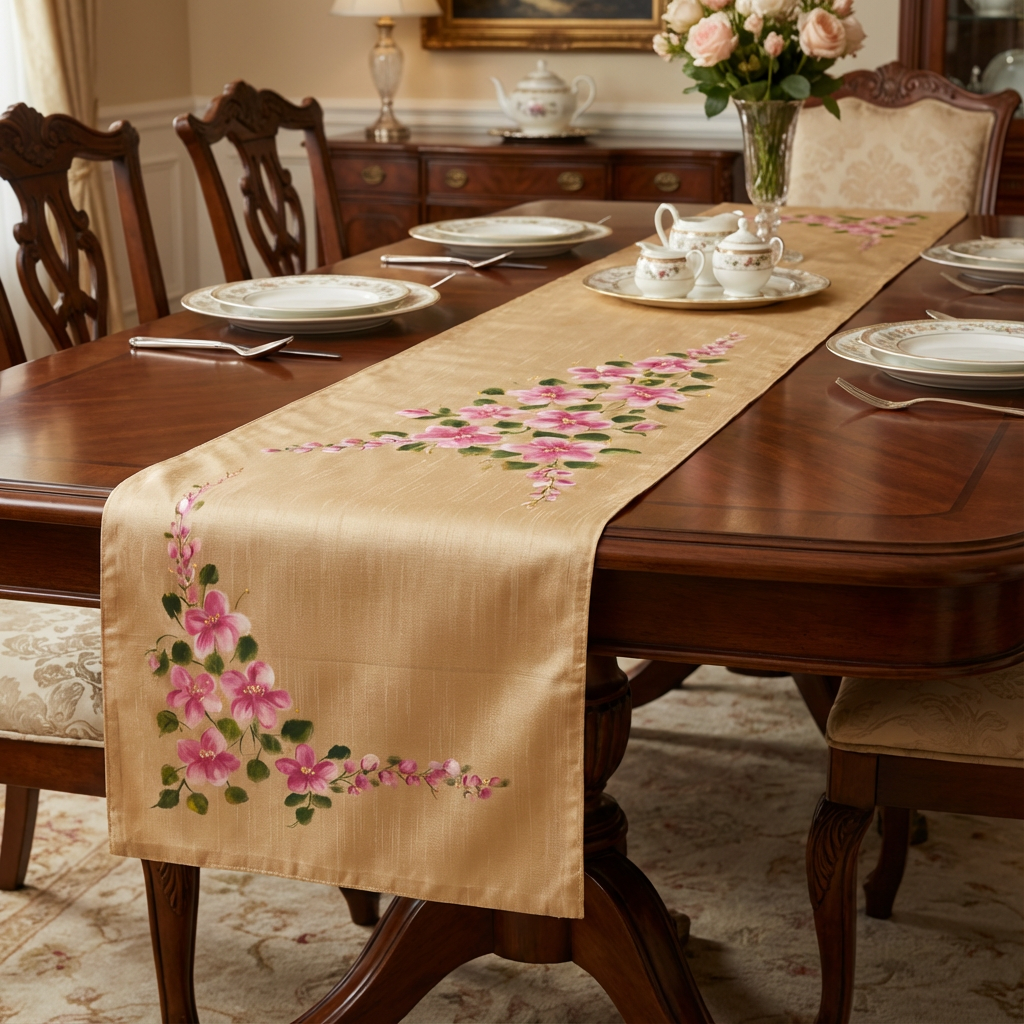 Beige color with pink flora hand paint Table runner