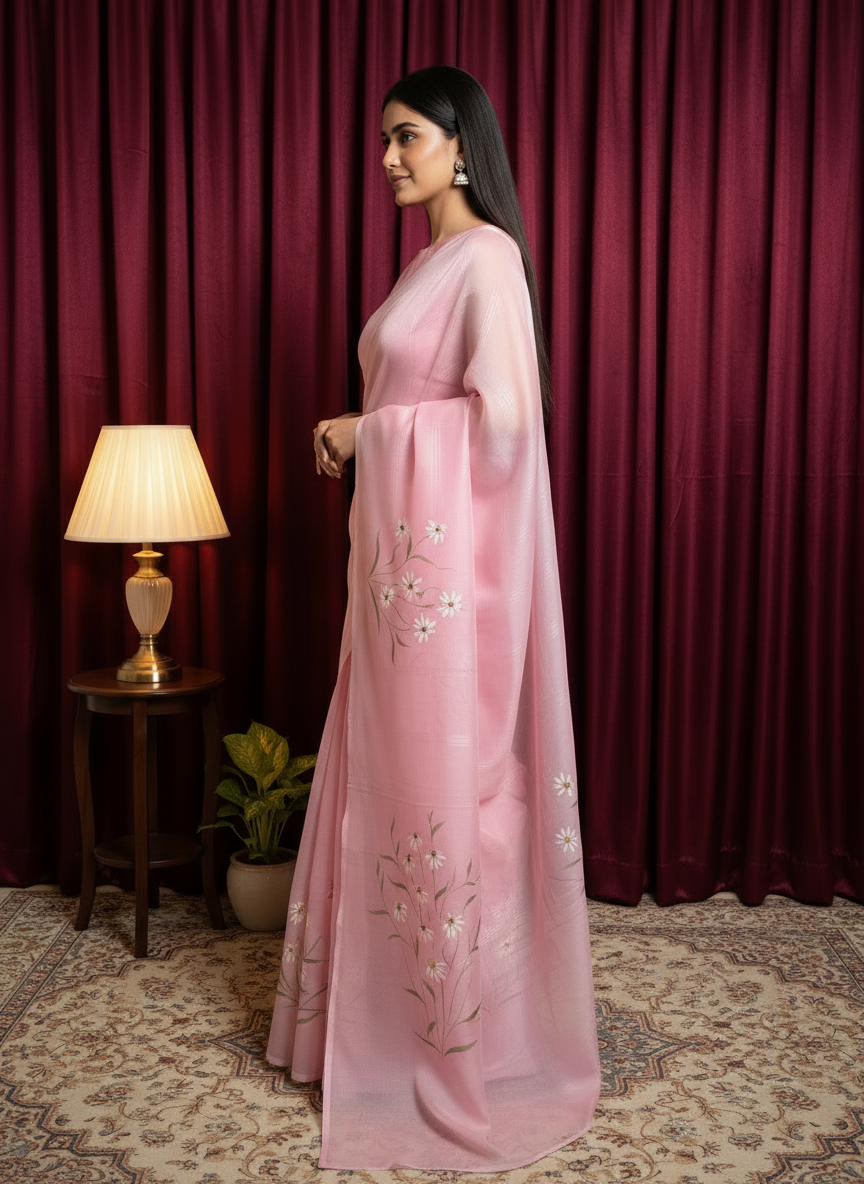 Pink georgette Floral  Saree