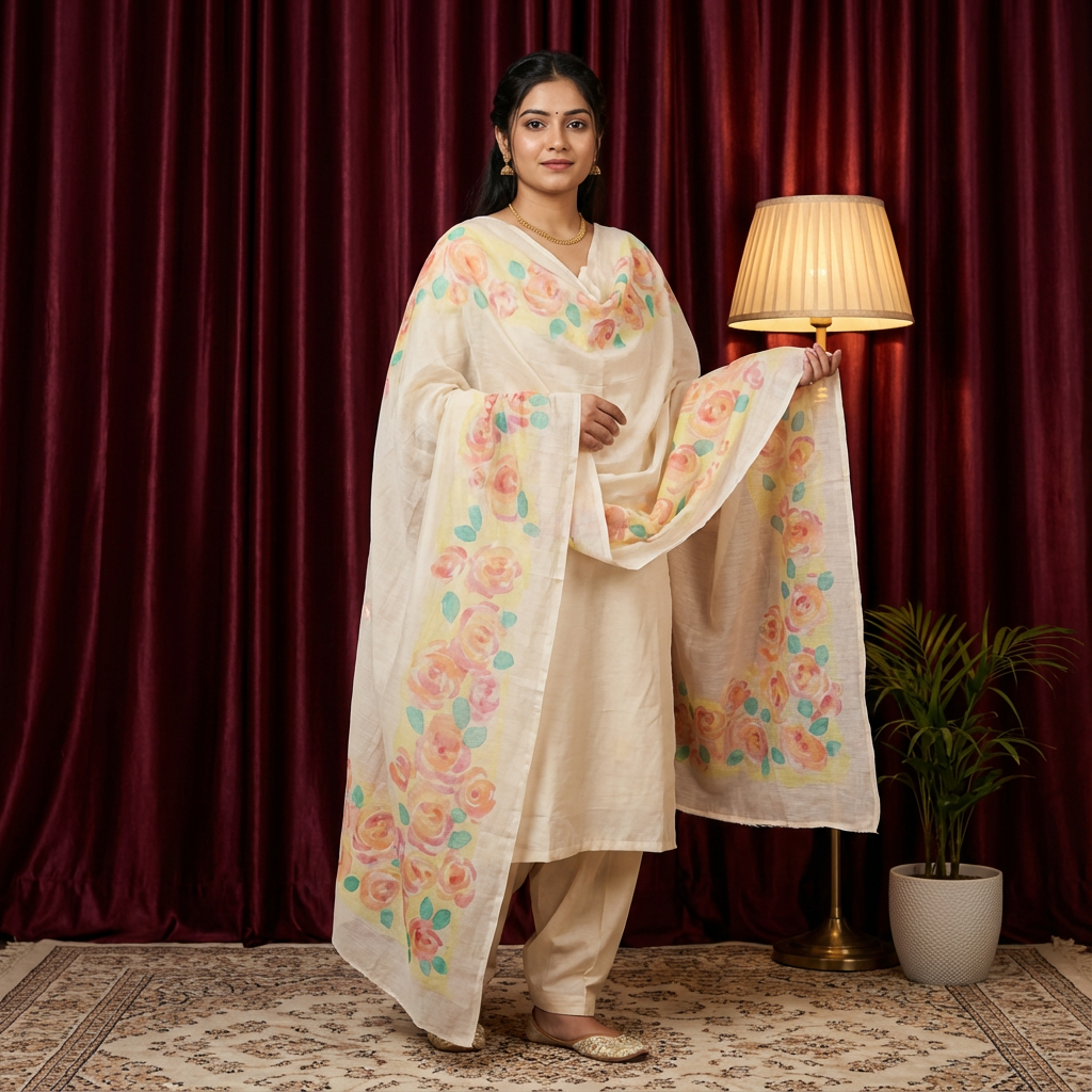 Pure Bliss Cotton Chanderi Dupatta – Hand-Painted Art