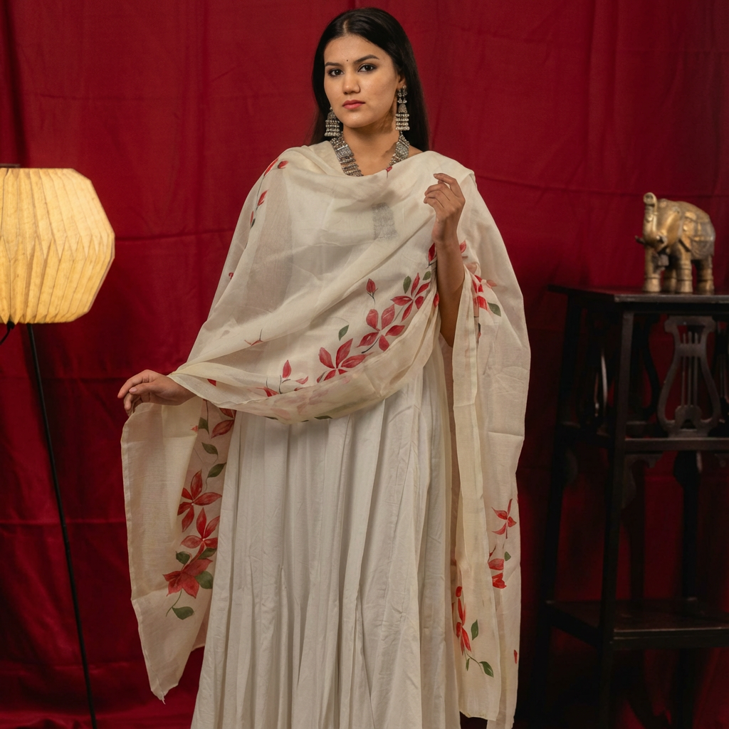 Blossom Red dupatta- Cotton Dupatta with Hand-Paint Flora Design