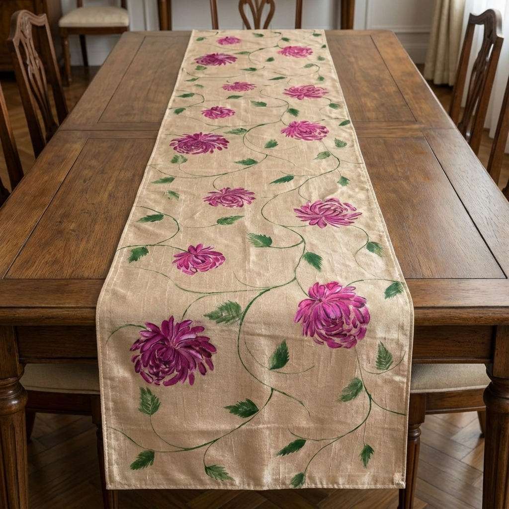 Beige pink flower Design Hand-Painted Table Runner
