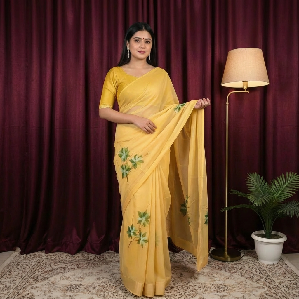 Yellow Georgette Saree & Floral Hand-Paint Design