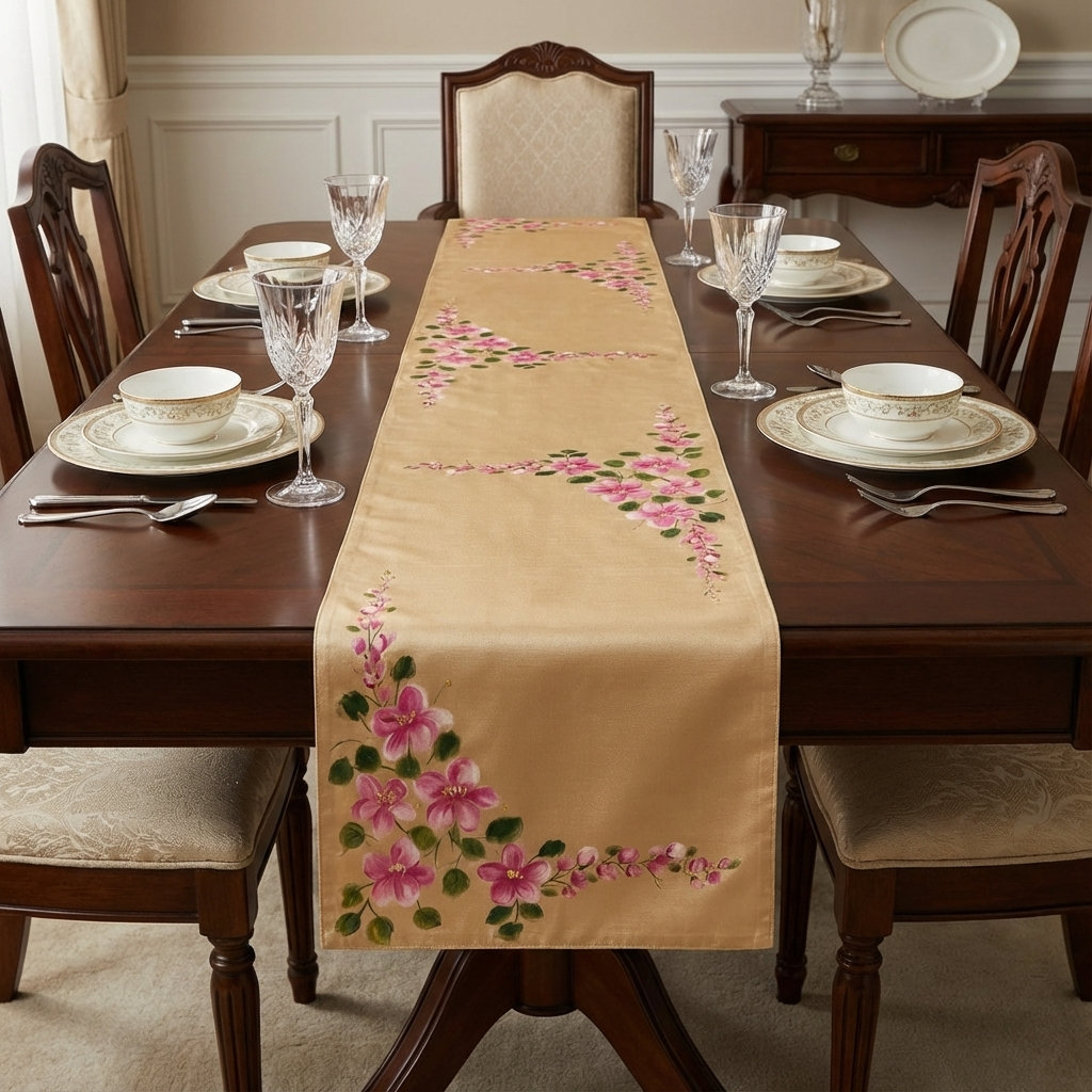 Pure Bliss Soft Beige Table Runner with Pink Hand-Painted Florals