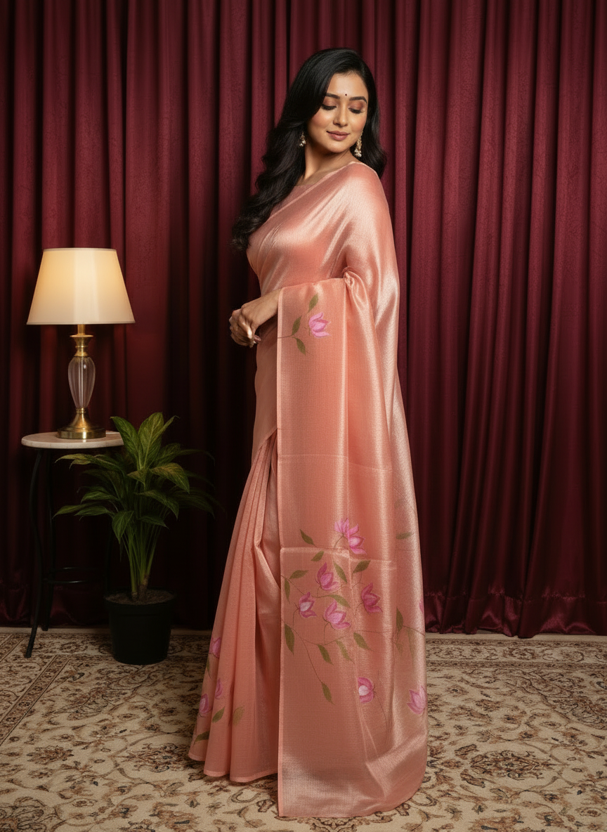 Cotton Tissue Rose Pink Saree with Floral Hand-Paint Design